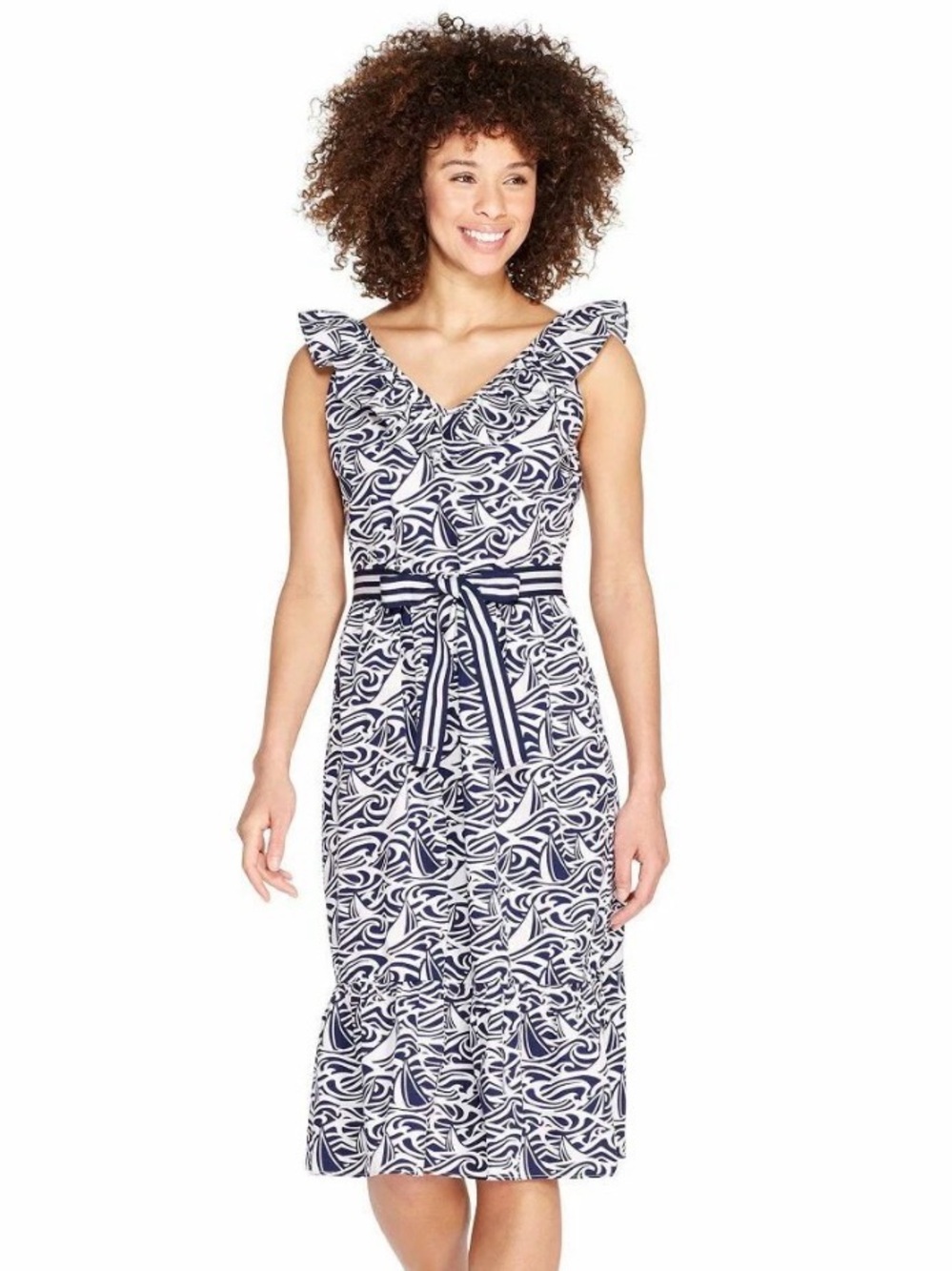 Vineyard Vines Navy & White Printed Ruffle-Shoulder Midi Dress